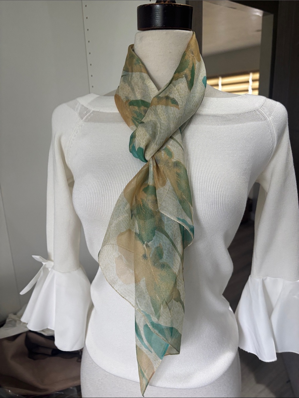 Sheer Floral Scarf in Green and Tan - Lightweight Women's Wrap - Picture 1 of 4